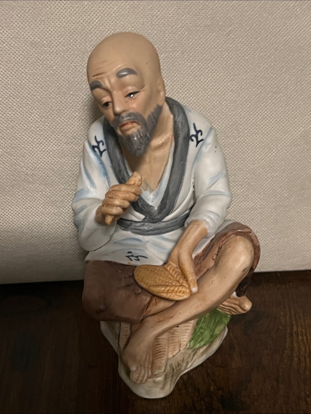 Vintage Bisque Porcelain Chinese Immortal Figurine Seated Elder Scholar Fan